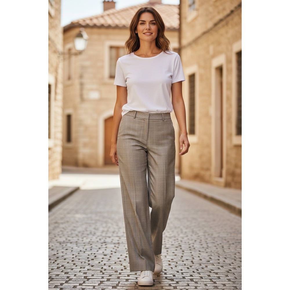 LOFT Neutral Plaid Wide-Leg Trousers